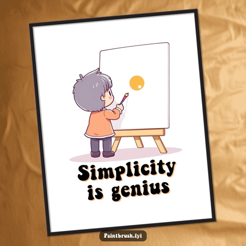 Funny character focused on painting a single, vibrant dot on a large, empty canvas, displayed as a funny art poster.