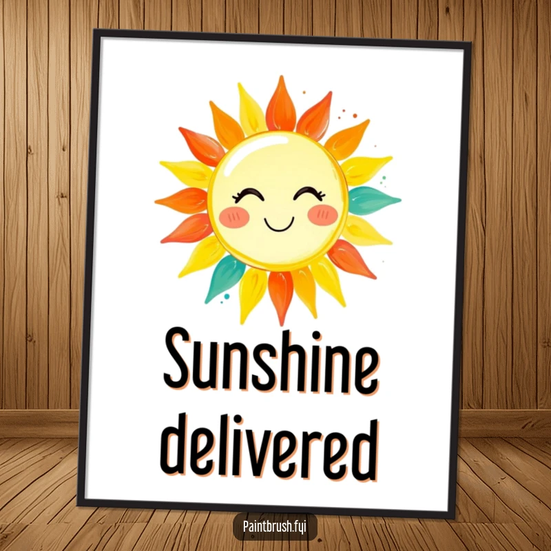 Funny poster art of a paintbrush character painting a cheerful, smiling sun with rich, vibrant hues, symbolizing the joy of art.