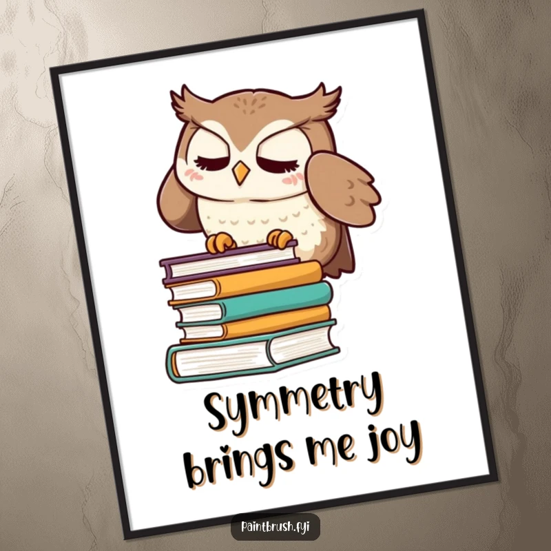 Funny poster art of a meticulous owl character carefully straightening a stack of books, adding a humorous touch to any room.