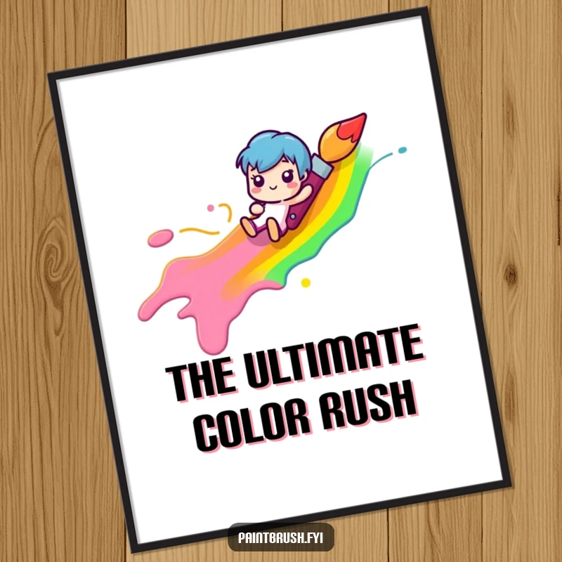 Funny paintbrush character joyfully sliding down a vibrant rainbow paint streak, featured on a poster, great for art lovers.