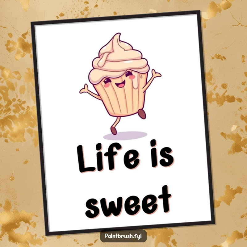 Funny Poster of a smiling cupcake character with dripping frosting mid-cartwheel, bringing sweet, playful art to life.