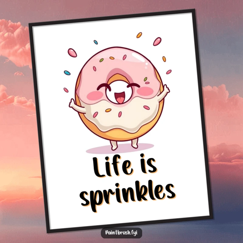 Funny Poster of a winking donut character excitedly juggling colorful sprinkles, bringing sweet, playful art to life.