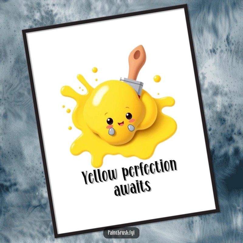 Funny paintbrush poster, playfully peeking from behind a yellow paint blob, creating vibrant art that celebrates creativity and humor. A decorative gift.