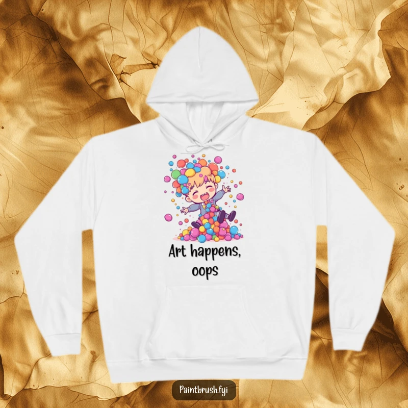 Funny painter character mid-trip, with a splash of colorful paint blobs erupting around them, printed on a soft hoodie.