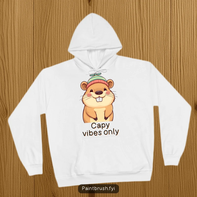 Funny capybara beanie hoodie, grinning capybara wearing a tiny propeller beanie, offering cozy comfort and whimsical humor.