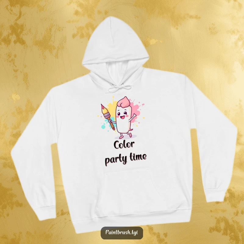 Funny hoodie featuring a gleeful paintbrush character in a dance alongside a large, anthropomorphic paint splotch, full of energy.