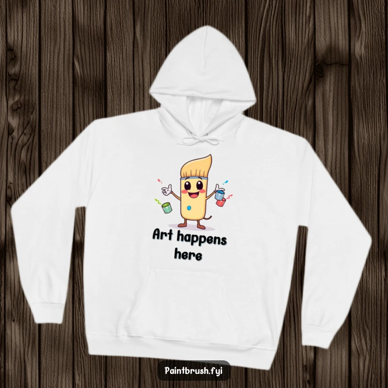 Funny hoodie depicting a cheerful paintbrush character expertly juggling three tiny, bouncing paint pots, offering warmth and artistic amusement.