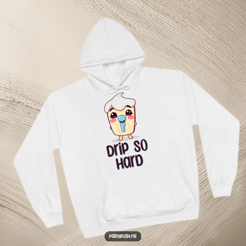 Funny hoodie illustration of a happy paintbrush character erupting in giggles, sporting a distinctive paint drip nose.