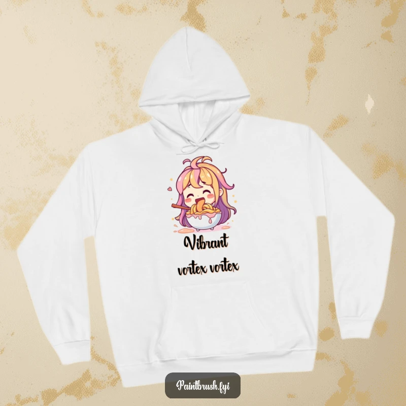 Funny character energetically mixing a palette of vibrant paints, a cozy and humorous hoodie.