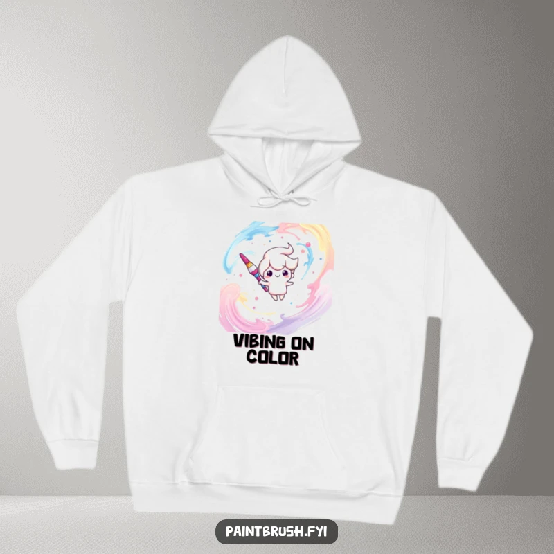 Funny hoodie depicting a serene paintbrush character suspended in a dreamlike cloud of colorful paint swirls, a whimsical art piece.