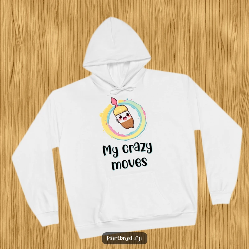 Funny Hoodie: Paintbrush character enthusiastically splashing paint in a colorful spiral pattern, a warm and artistic item.
