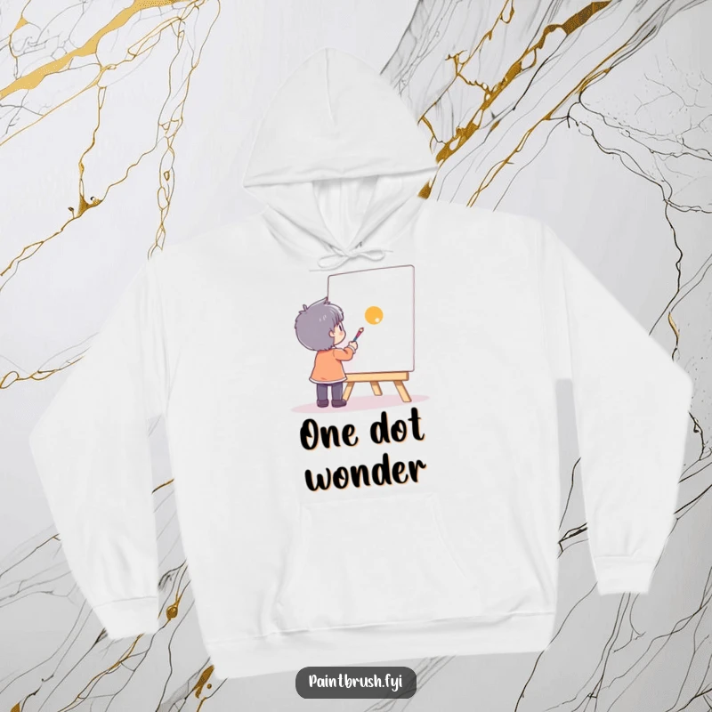 Funny character concentrating on painting a single, vibrant dot onto a large canvas, printed on a cozy hoodie.