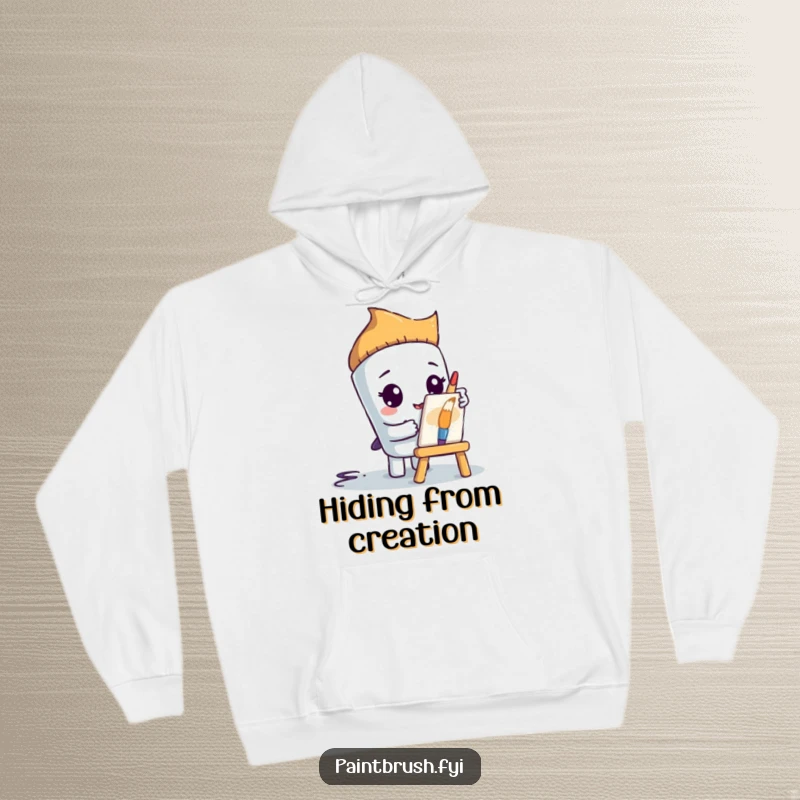 Funny paintbrush character peeking from behind a tiny easel, depicted on a comfortable hoodie, a humorous and funny gift.