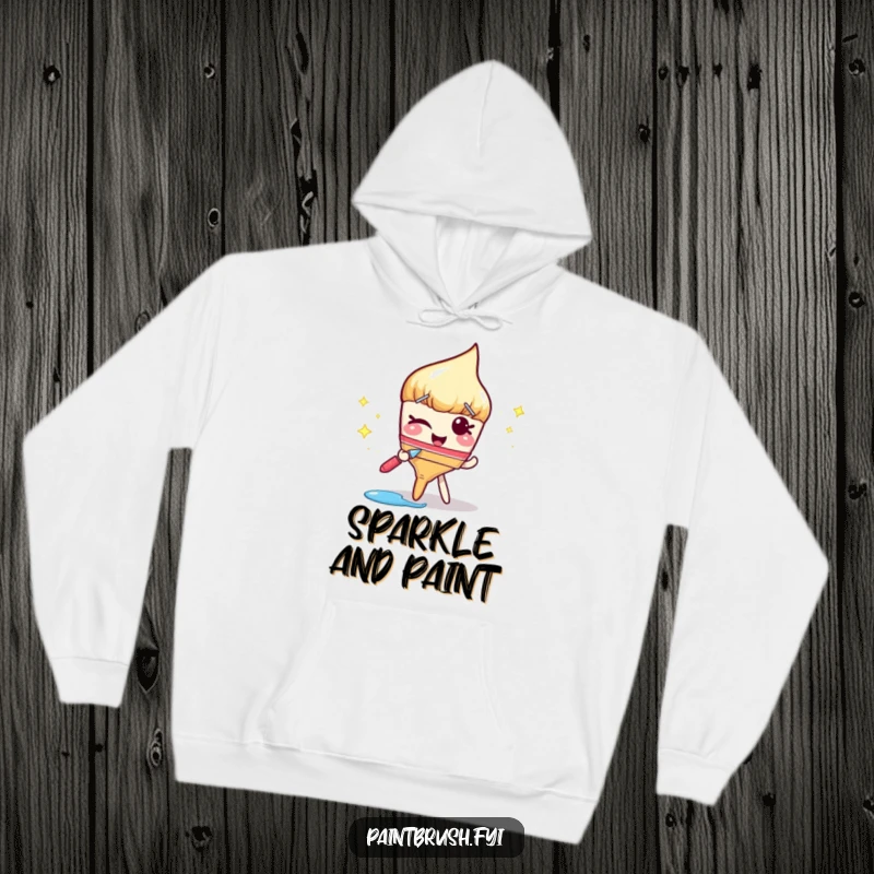 Funny hoodie depicting a winking paintbrush leaving a dazzling trail of sparkly paint, perfect for cozy days with a touch of flair.