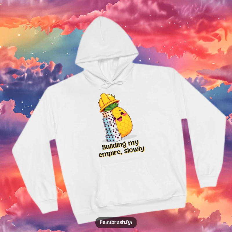 Funny hoodie featuring a pineapple in a hard hat stacking dice, offering warmth and a humorous construction theme, ideal for screen readers.