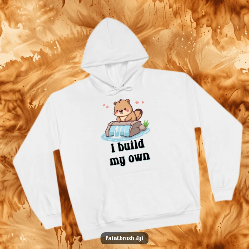 Funny hoodie showing a diligent beaver character carefully smoothing the edges of its dam, representing dedication and excellent craftsmanship.
