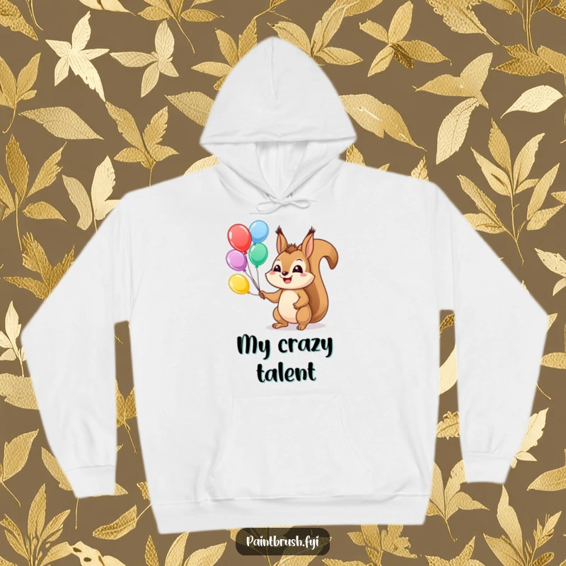 Funny Squirrel Hoodie featuring a grinning squirrel juggling balloons, offering cozy warmth and a touch of playful charm.