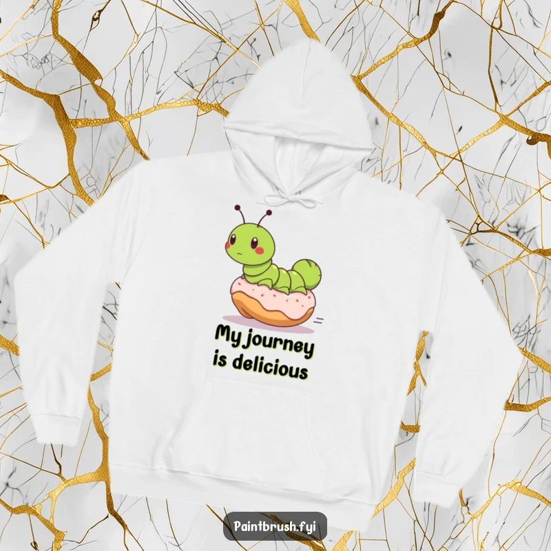 Funny hoodie showing a determined caterpillar on a runaway donut, offering warmth and a hilarious breakfast-themed adventure, great for screen readers.