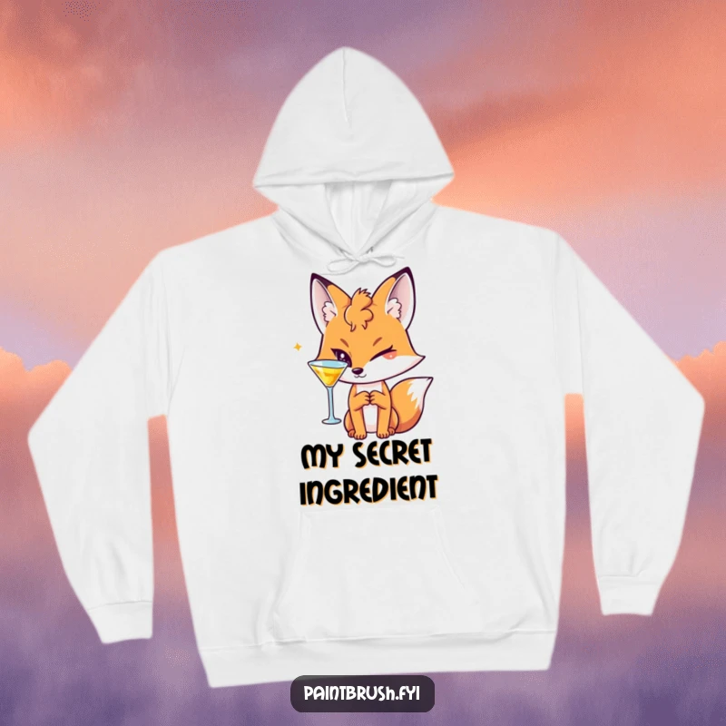 Funny Fox Hoodie showing a winking character with a cocktail, offering warmth and a touch of sly confidence.
