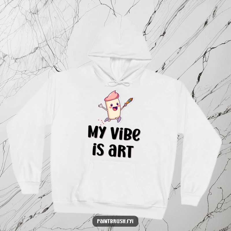 Funny Hoodie with a leaping paintbrush character creating a trail of dots, offering warmth and artistic humor.