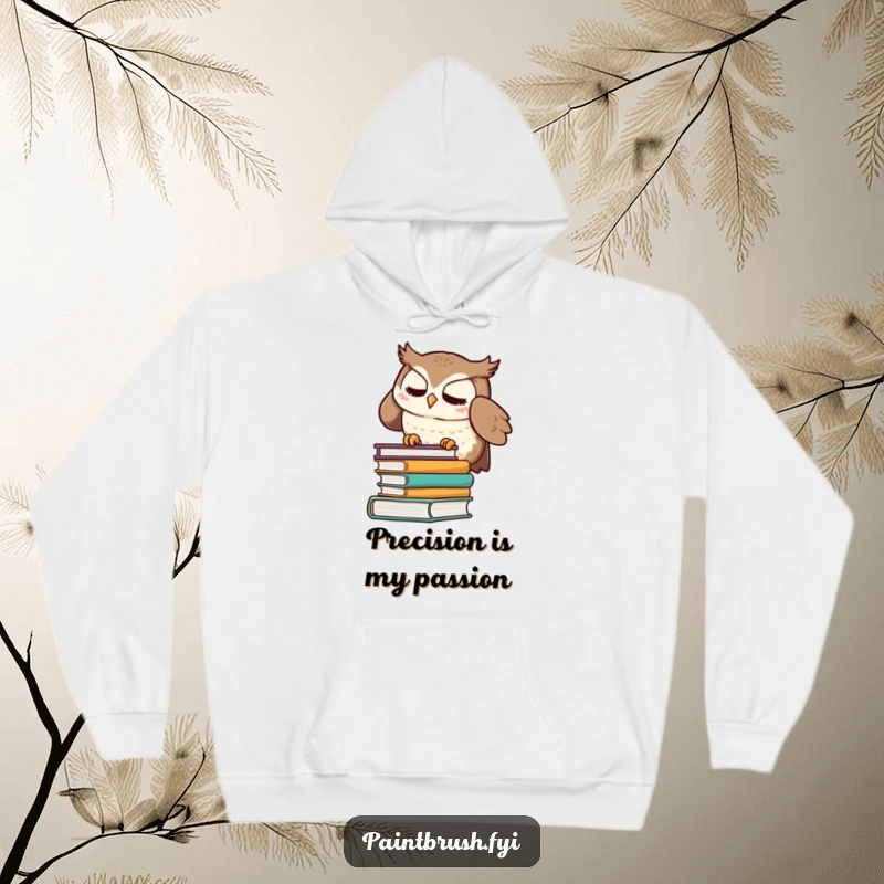 Funny hoodie featuring a meticulous owl character perfectly aligning a stack of books, evoking a sense of calm and order.