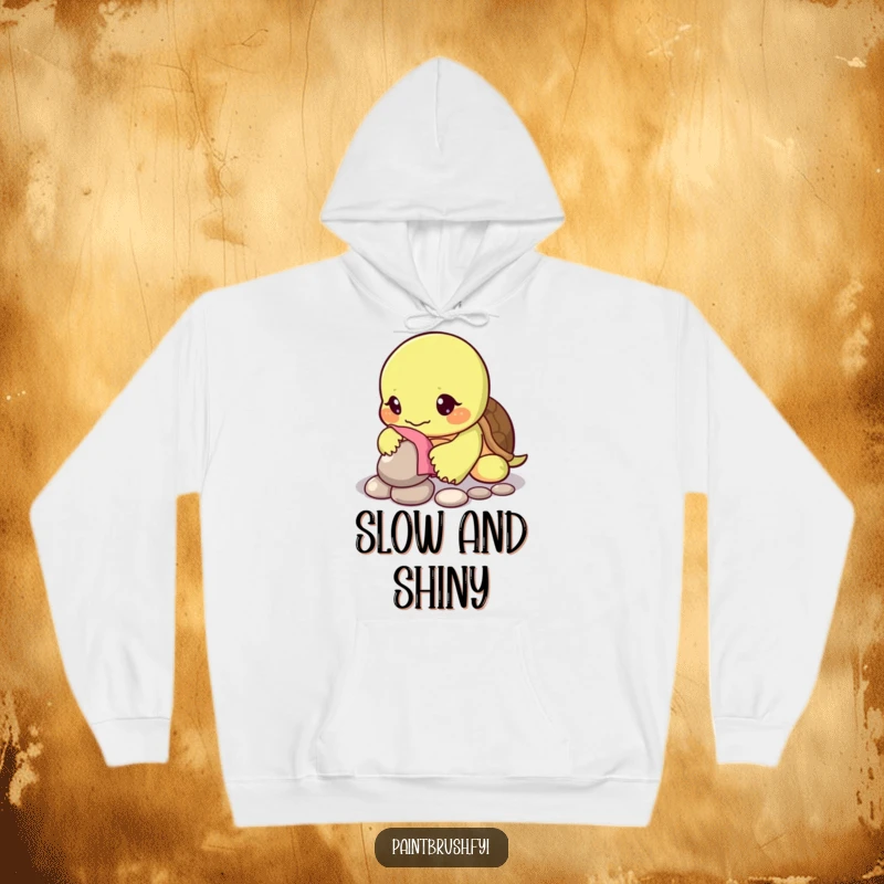 Funny hoodie showing a turtle character meticulously polishing a single shiny pebble with a cloth, embodying patience.