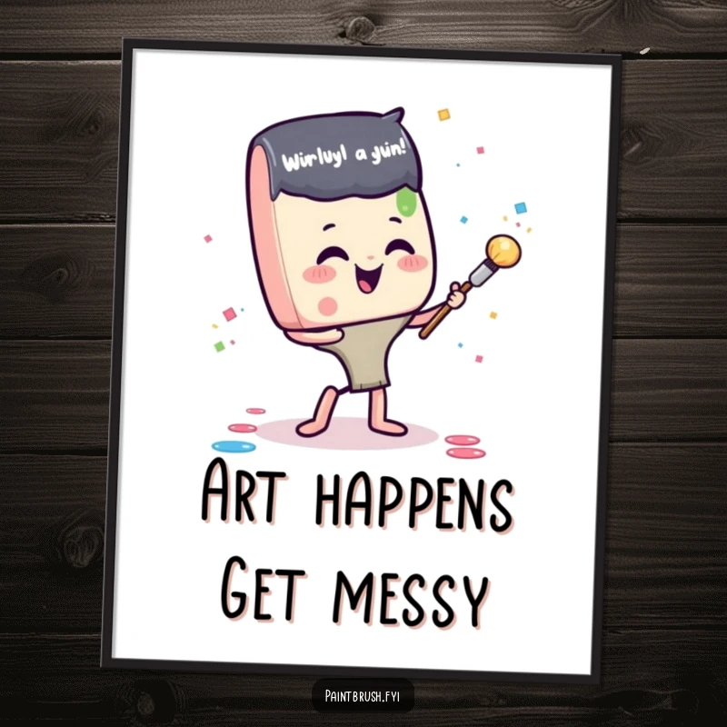 Funny Free Printable Wall Art: Glee paintbrush character gleefully tossing paint blob confetti, adding humorous, downloadable art to any room.