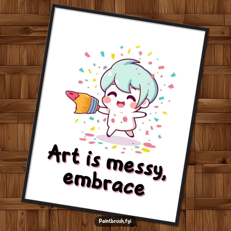 Dynamic free printable wall art capturing a paintbrush character tripping and scattering a joyful explosion of confetti paint.