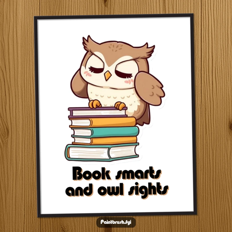 Funny Free Printable Wall Art: A meticulous owl character straightening a stack of books to perfection, adding order to your space.