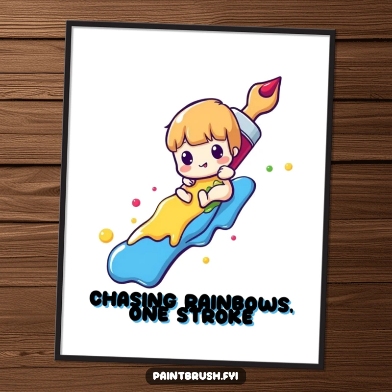 Funny Free Printable Wall Art: A paintbrush character joyfully slides down a vibrant rainbow made of colorful paint, creating a dynamic artistic scene.