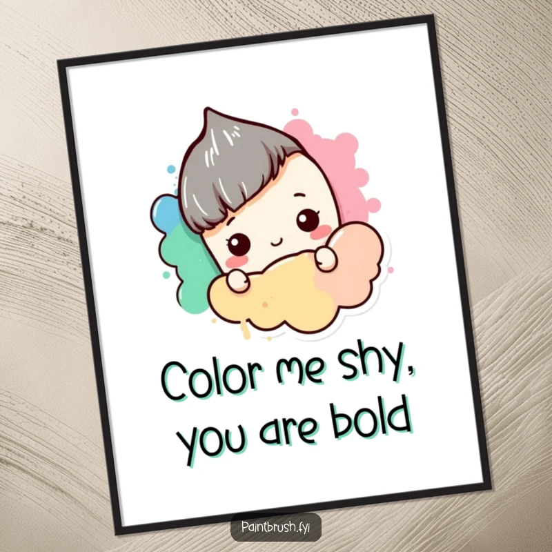 Funny Free Printable Wall Art depicting a shy paintbrush character hiding behind a blob of color, adding a cute and bashful vibe.