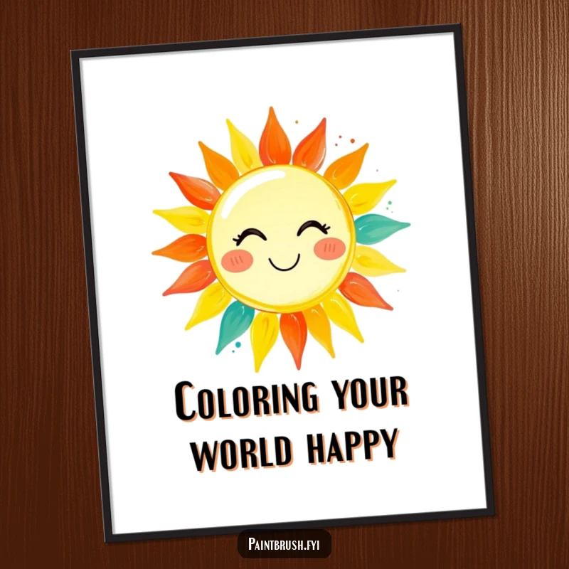 Funny Free Printable Wall Art: A paintbrush character artistically painting a radiant, smiling sun with a full spectrum of vibrant colors.