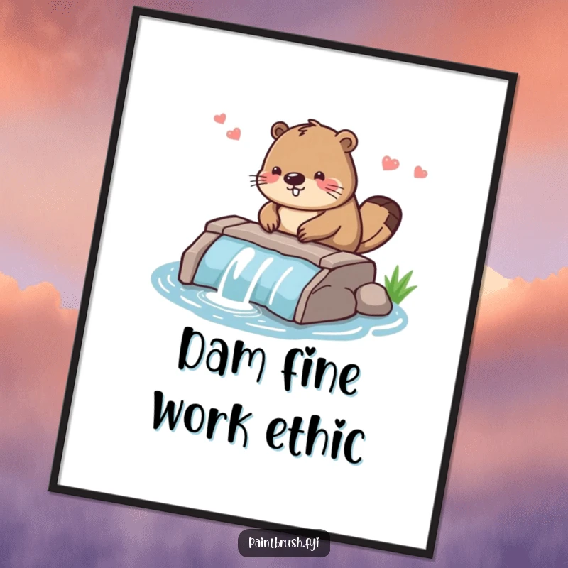 Funny Free Printable Wall Art: A diligent beaver character meticulously smoothing the edges of a small, sturdy dam.