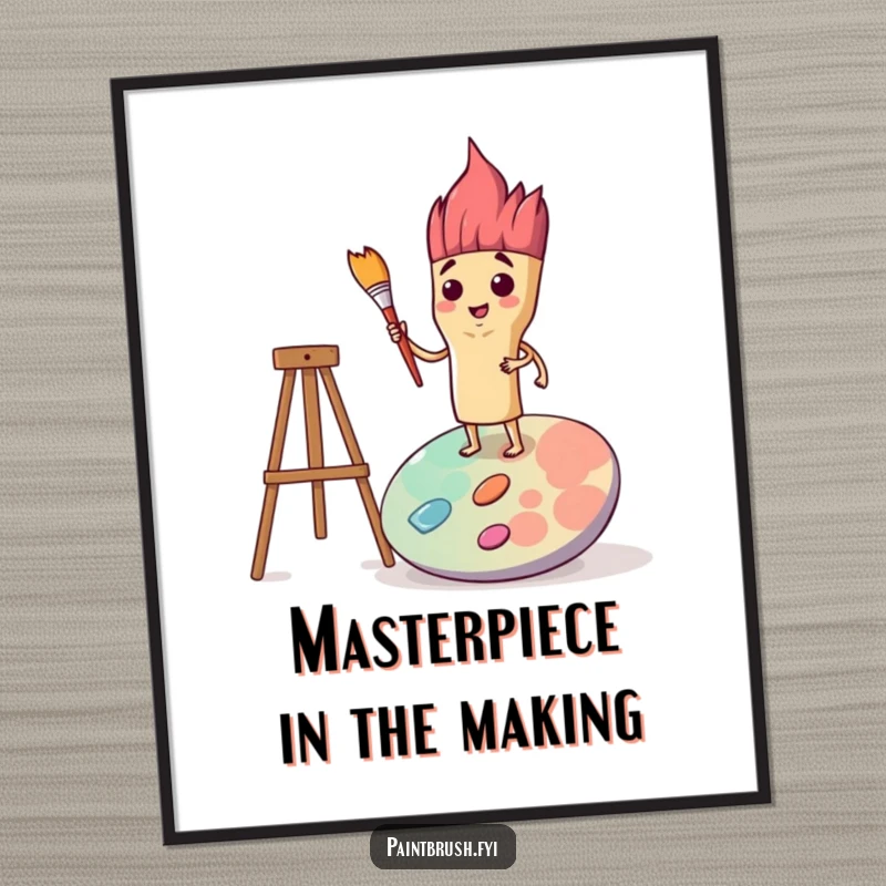 Funny Free Printable Wall Art: Determined paintbrush character stands tall on a massive palette, brush poised for action.