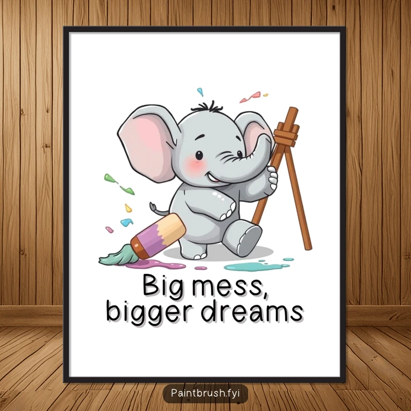 Funny Free Printable Elephant Wall Art: A clumsy elephant sending paint flying after tripping over a giant paintbrush.