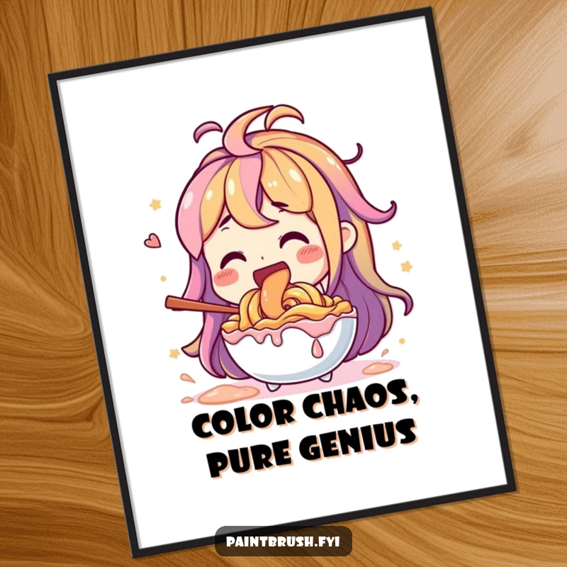 Funny Free Printable Wall Art: Character energetically stirring vibrant paint colors, a dynamic and humorous downloadable piece.