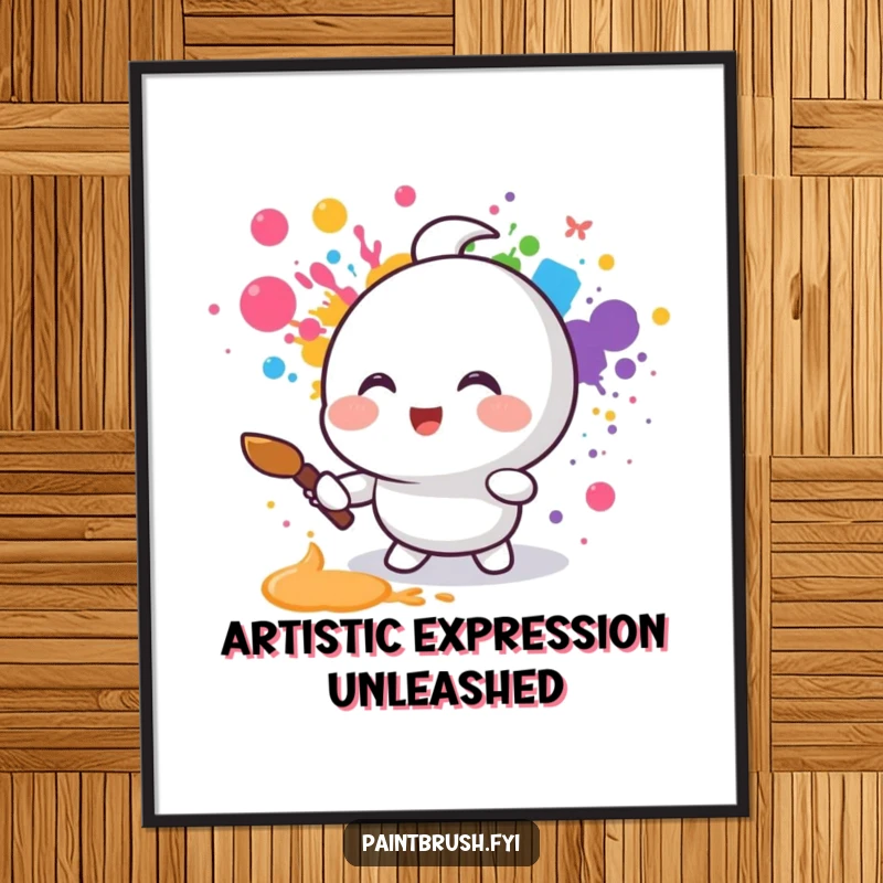Funny Free Printable Wall Art: Small round character joyfully splattering a cascade of rainbow colors with a paintbrush.