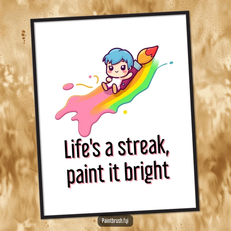 Funny Free Printable Paintbrush character happily sliding down a rainbow-colored paint streak, colorful and humorous downloadable art.