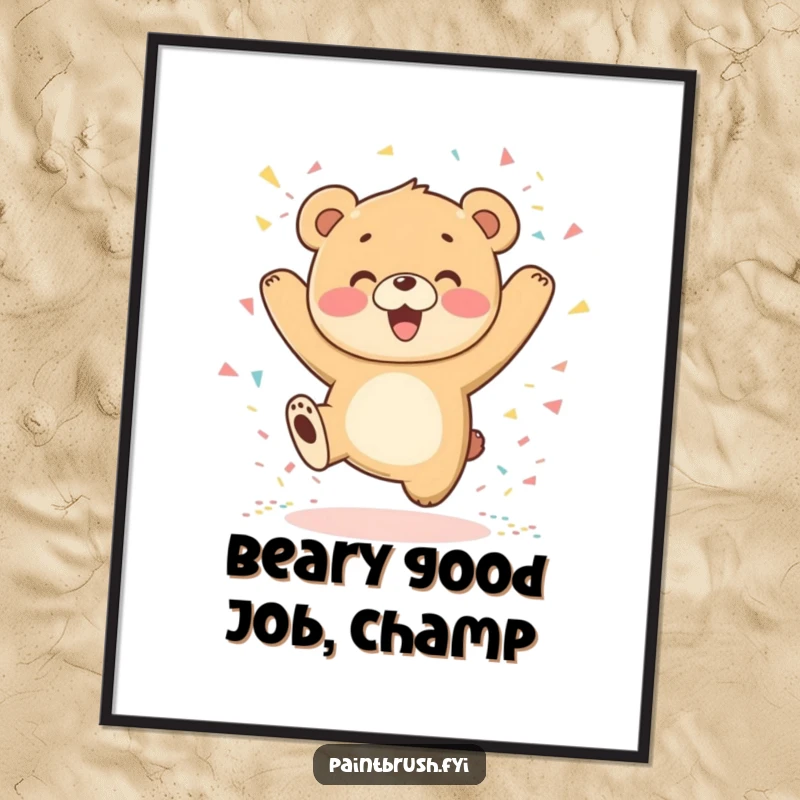 Funny Free Printable Wall Art displays a bear cub captured mid-jump with confetti raining down in a cheerful, celebratory scene.