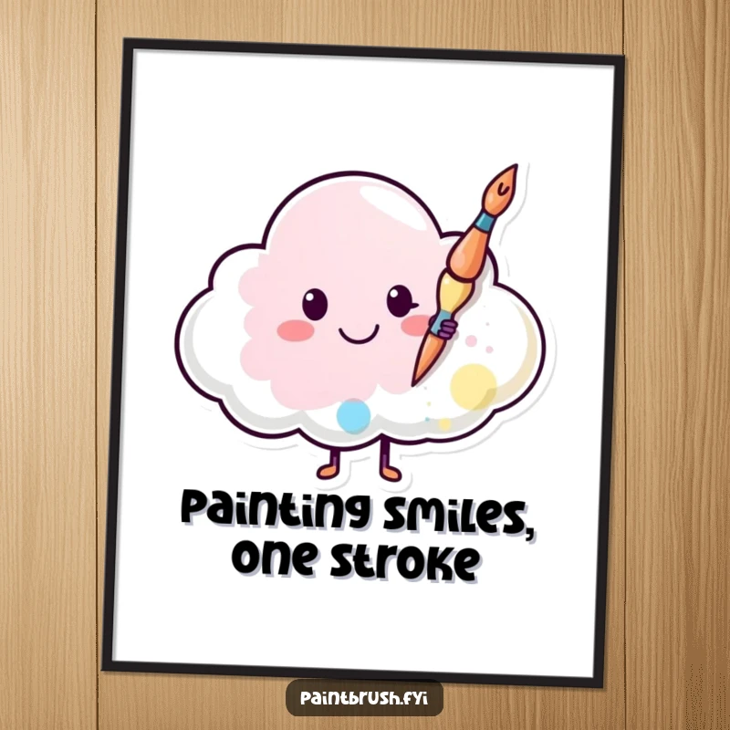 Funny Free Printable Wall Art: Paintbrush character painting a happy smiley face onto a cloud, cheerful downloadable art for any space.