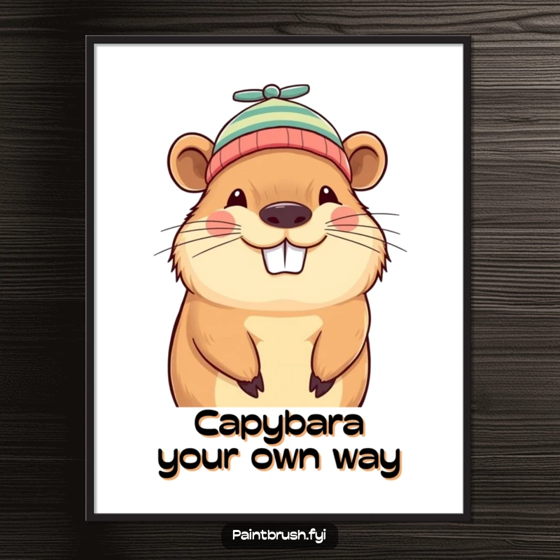Funny Free Printable Wall Art of a grinning capybara confidently wearing a very small propeller beanie.