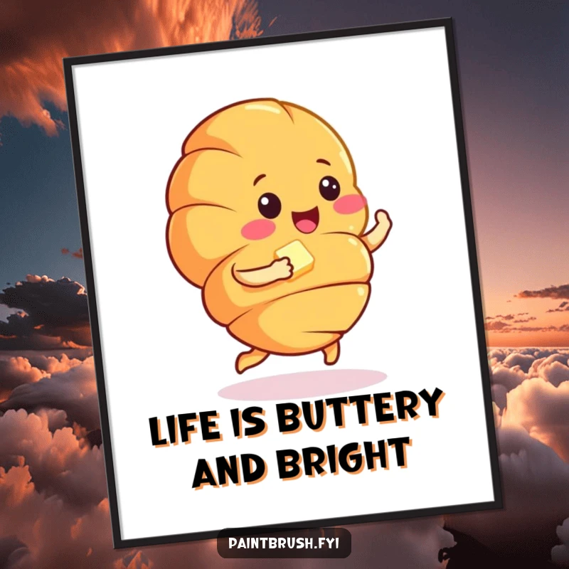 Funny Free Printable Wall Art: A joyful croissant character doing a little jig, holding a pat of butter.