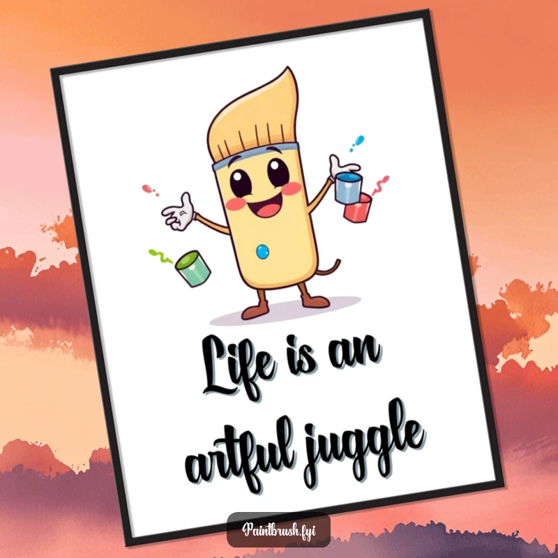 Funny Free Printable Wall Art: A whimsical paintbrush character masterfully juggles colorful paint pots, creating a vibrant and humorous artistic statement.