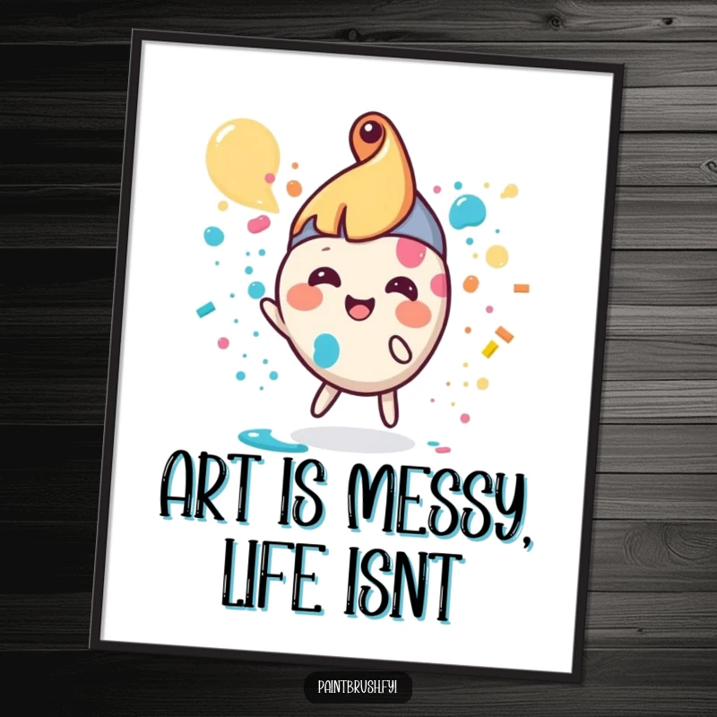 Funny Free Printable Wall Art: A small, round paintbrush character is shown joyfully splattering colorful paint.