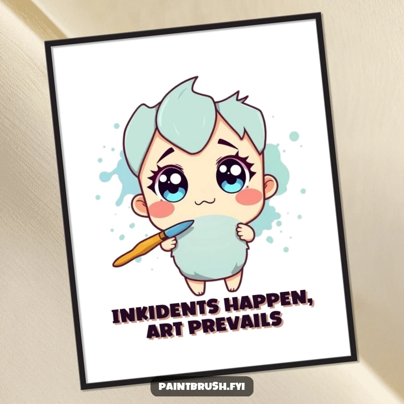 Funny Free Printable Wall Art: Paintbrush character with wide eyes recoiling from a large splotch of ink, creating a humorous scene.