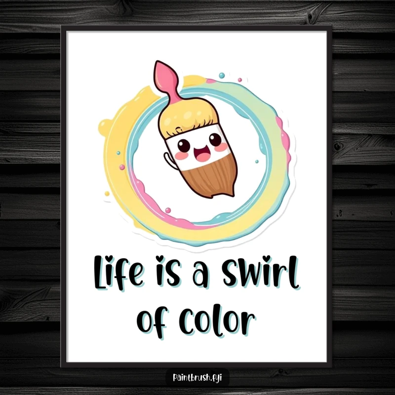 Funny Free Printable Wall Art: Paintbrush character enthusiastically splashing paint in a vibrant spiral pattern, creating abstract art.