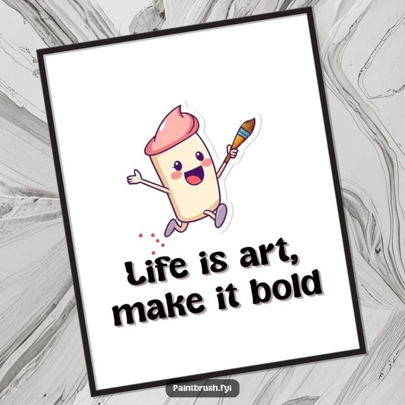 Funny Free Printable Wall Art: An excited paintbrush character leaps dynamically, leaving a vibrant trail of dots, modern art.