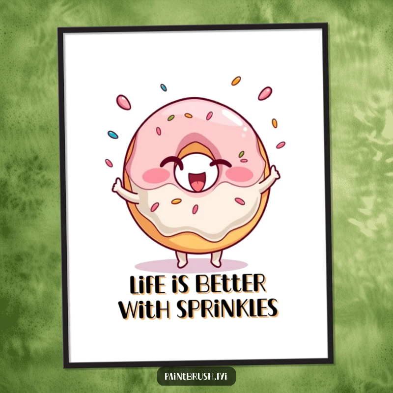 Funny Free Printable Wall Art: A winking donut character joyfully juggles a cascade of colorful sprinkles with pure glee.