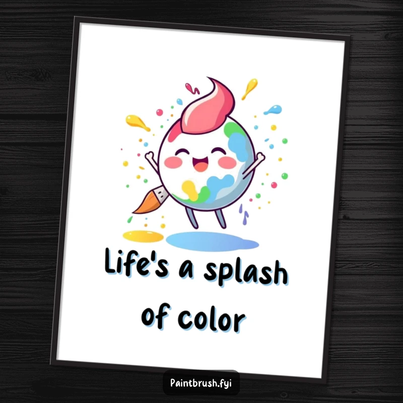 Funny Free Printable Wall Art: A round paintbrush character joyfully splatters a riot of rainbow paint, creating a dynamic and happy scene.