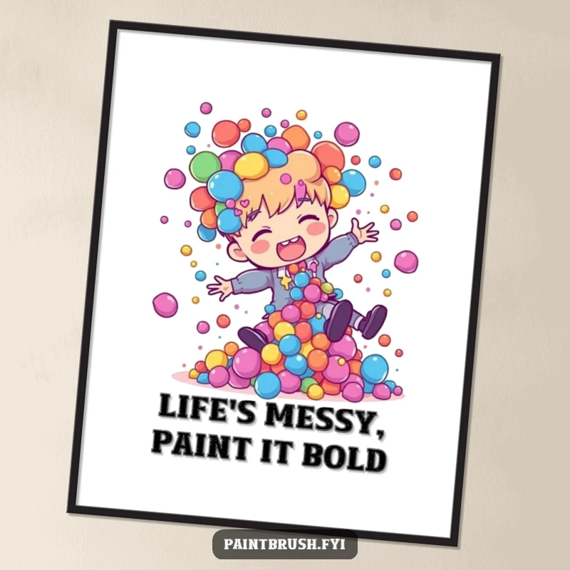 Funny Free Printable Wall Art depicting a painter character mid-trip, with a spectacular, chaotic spray of colorful paint blobs flying.